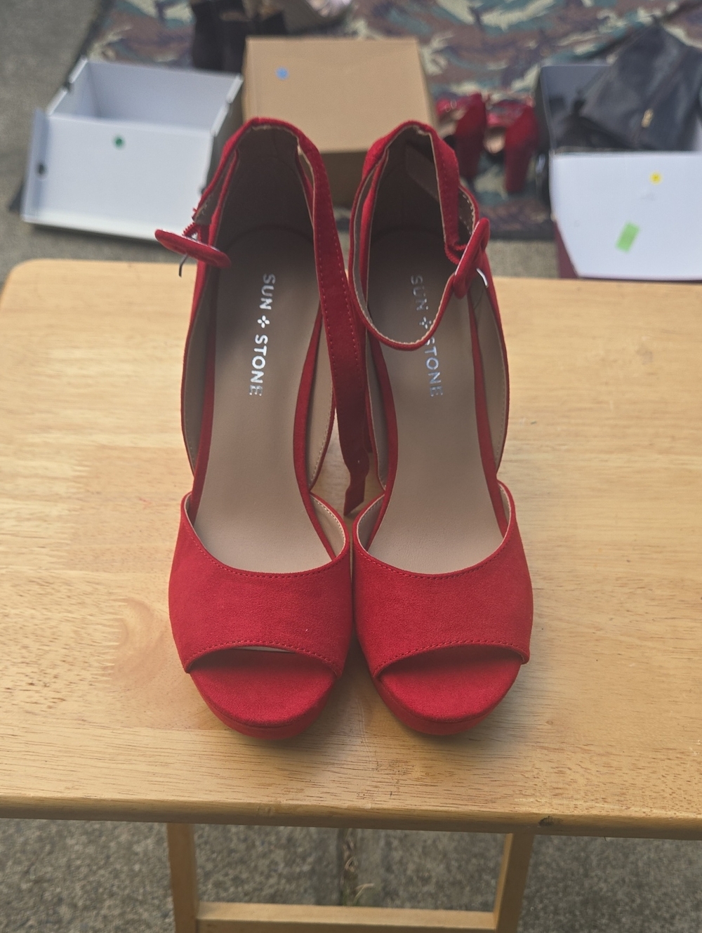 Sun + Stone Red Suede Peep-Toe Ankle Strap Heels